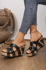 Black Hollowed Leather Rivet Wedge Slippers Sandals JT's Designer Fashion