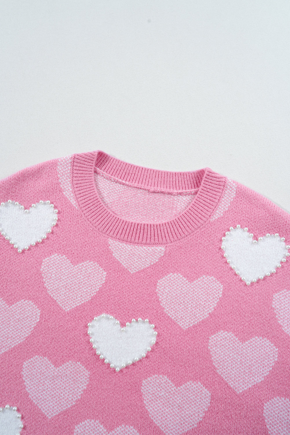 Pink Pearled Heart Print Valentines Crew Neck Sweater Sweaters JT's Designer Fashion
