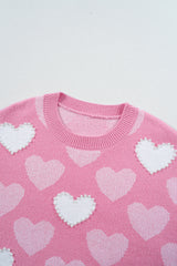 Pink Pearled Heart Print Valentines Crew Neck Sweater Sweaters JT's Designer Fashion