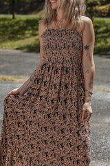 Brown Floral Smocked Bodice High Waist Flowy Sun Dress Floral Dresses JT's Designer Fashion