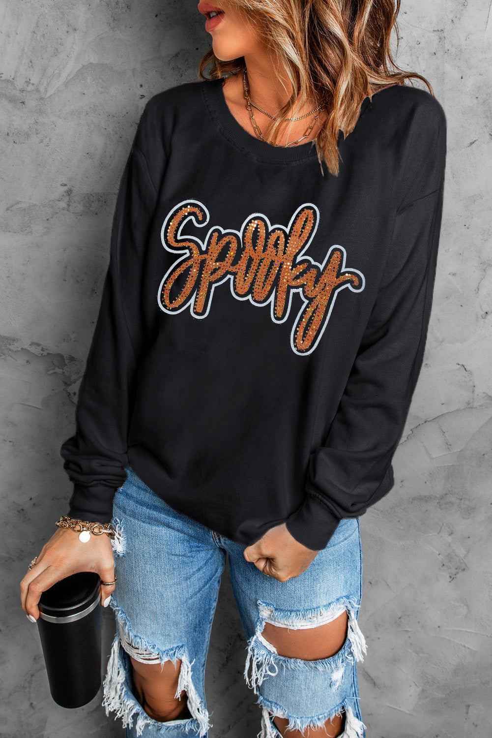 Black Spooky Rhinestone Drop Shoulder Graphic Sweatshirt Graphic Sweatshirts JT's Designer Fashion