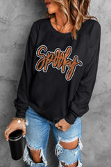 Black Spooky Rhinestone Drop Shoulder Graphic Sweatshirt Graphic Sweatshirts JT's Designer Fashion
