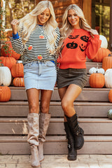 Orange Halloween Pumpkin Face Pattern Drop Shoulder Sweater Sweaters JT's Designer Fashion