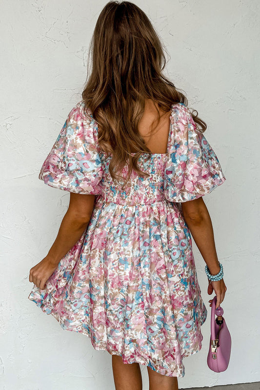 Pink Floral Puff Sleeve Square Neck Smock Ruffled Dress Floral Dresses JT's Designer Fashion