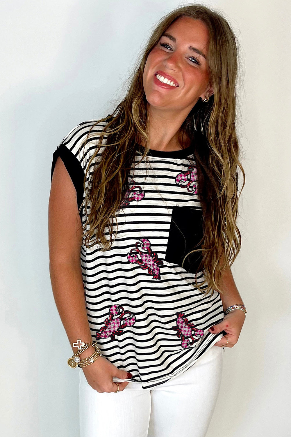 Black Stripe Sequined Lobster Patched Pocket Casual Tank Top Graphic Tees JT's Designer Fashion