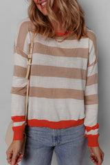 Apricot Colorblock Striped Round Neck Drop Shoulder Sweater Sweaters JT's Designer Fashion