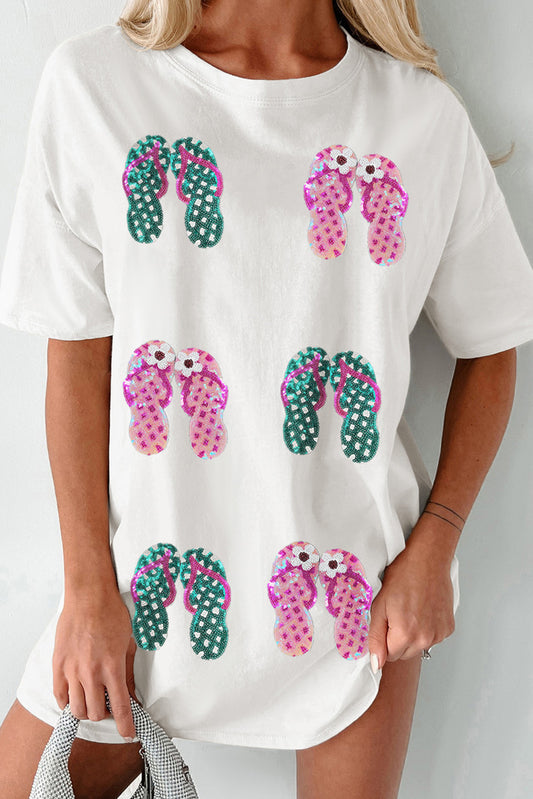 White Sequin Flip Flops Graphic Tunic T Shirt Graphic Tees JT's Designer Fashion