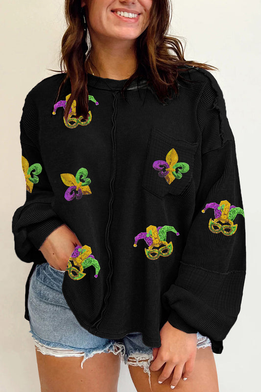 Black Plus Size Mardi Gras Patch Crinkle Patchwork Top Black 62.7%Polyester+37.3%Cotton Graphic Plus Size JT's Designer Fashion