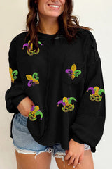 Black Plus Size Mardi Gras Patch Crinkle Patchwork Top Black 62.7%Polyester+37.3%Cotton Graphic Plus Size JT's Designer Fashion