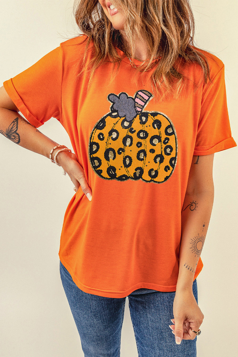 Orange Halloween Leopard Pumpkin Crew Neck Graphic Tee Graphic Tees JT's Designer Fashion