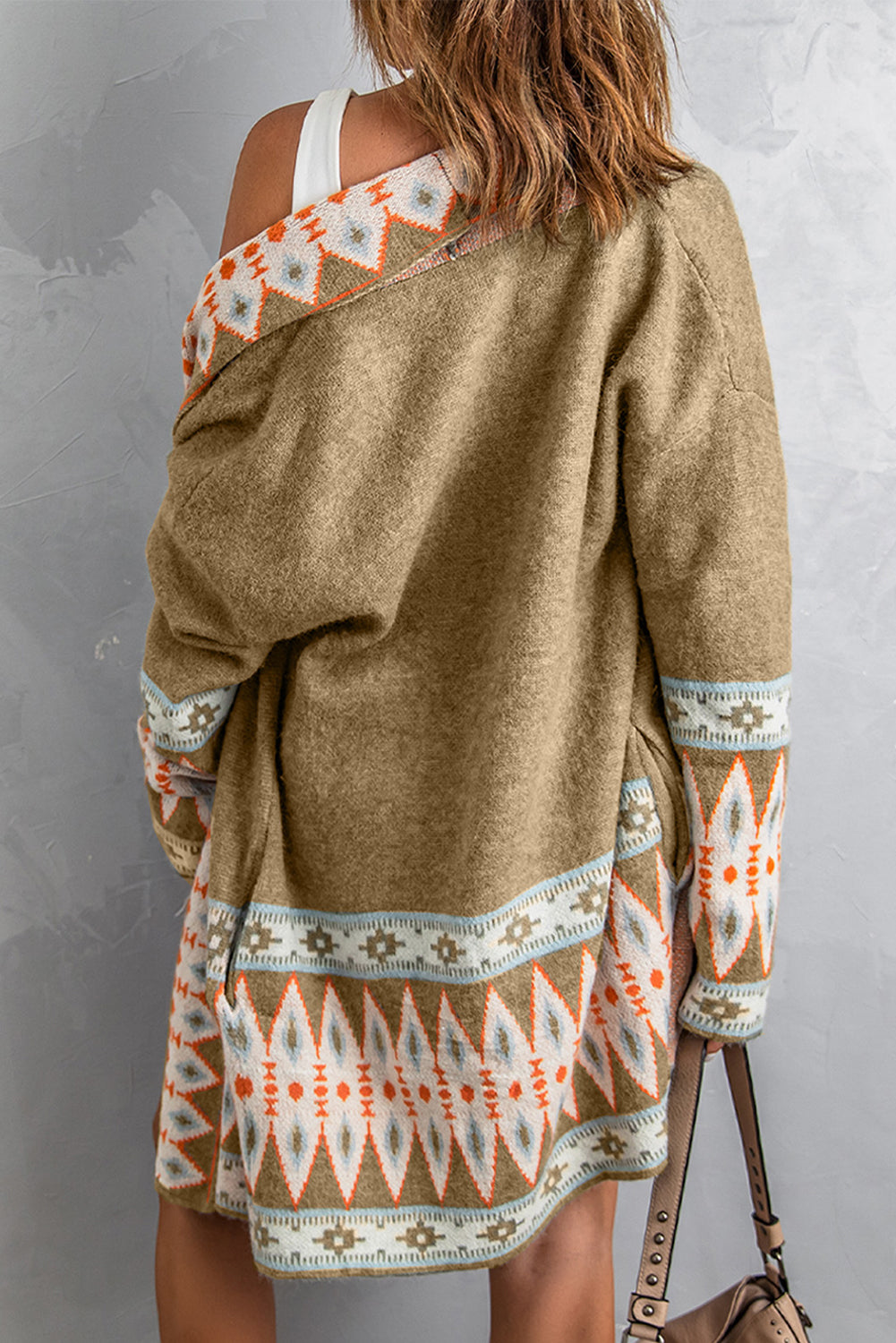 Khaki Aztec Print Open Front Knitted Cardigan Sweaters & Cardigans JT's Designer Fashion