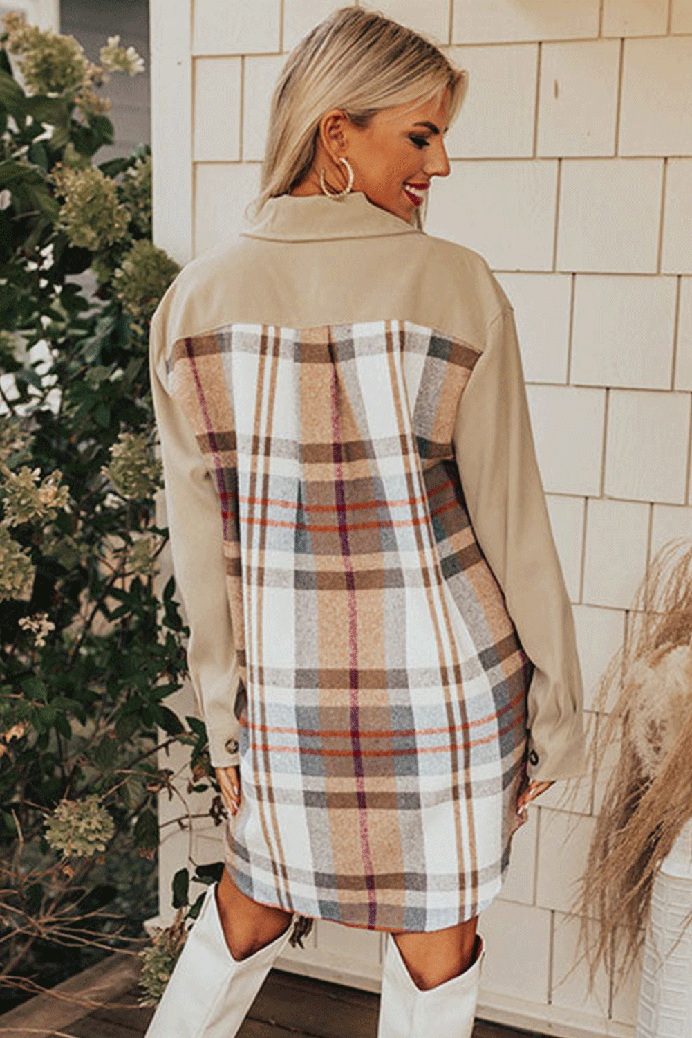 Khaki Plaid Patchwork Long Sleeve Shirt Mini Dress Mini Dresses JT's Designer Fashion