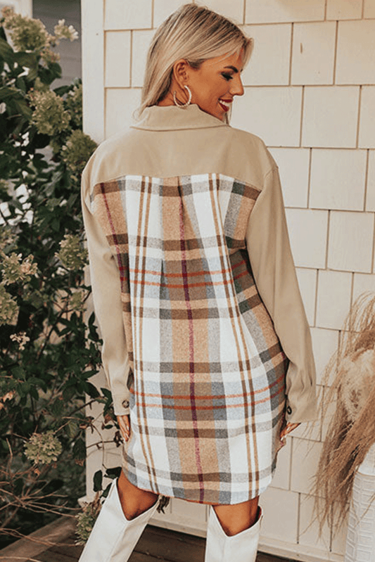 Khaki Plaid Patchwork Long Sleeve Shirt Mini Dress Mini Dresses JT's Designer Fashion