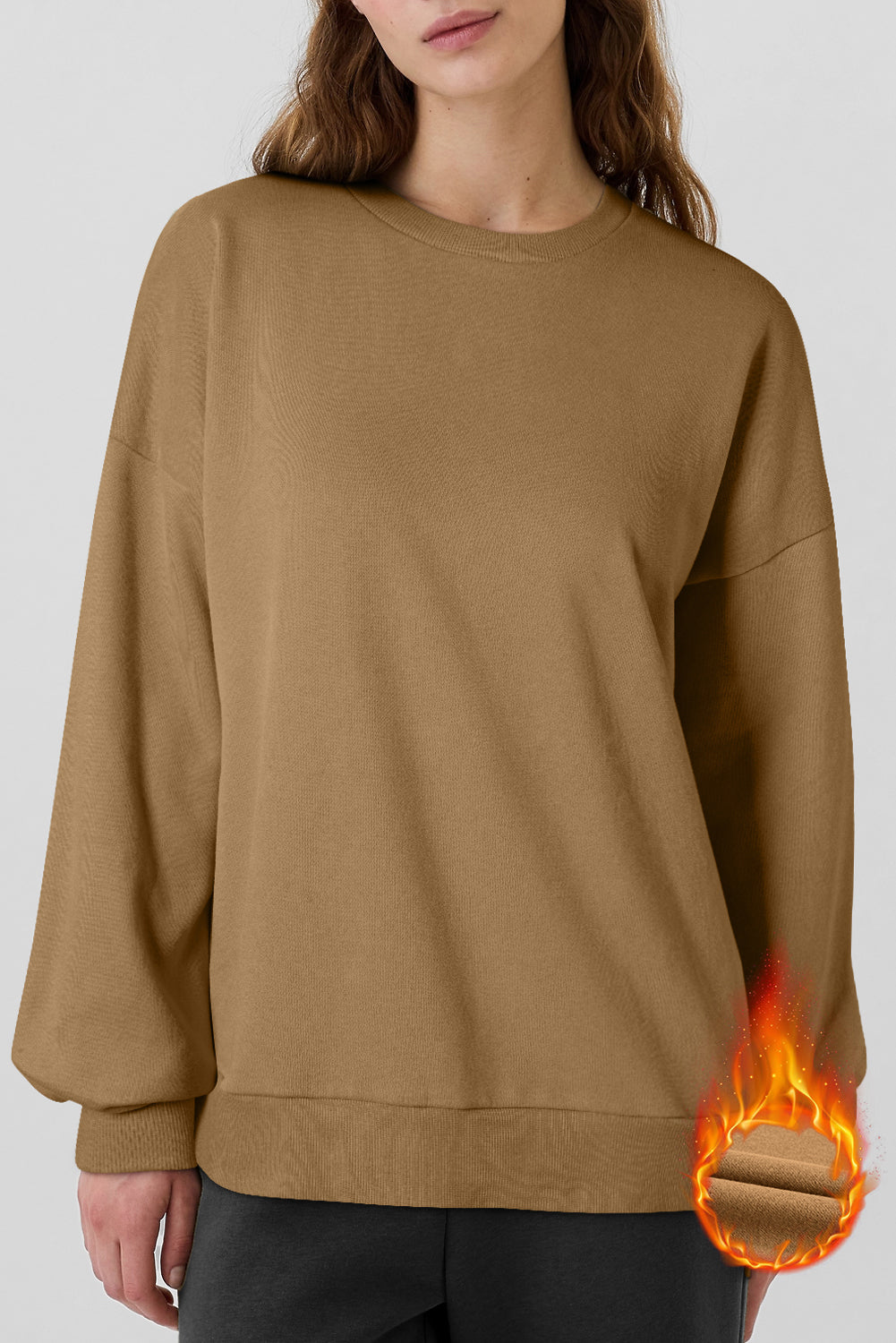 Camel Solid Fleece Lined Drop Shoulder High Low Sweatshirt Sweatshirts & Hoodies JT's Designer Fashion