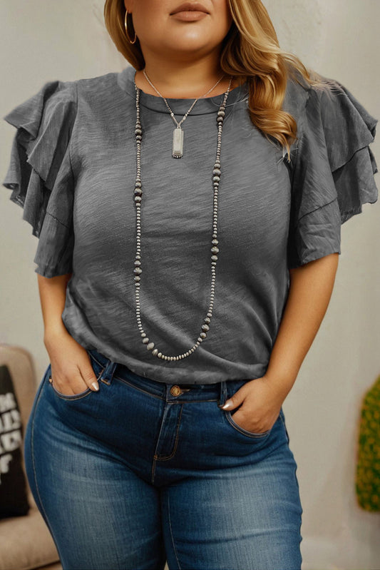 Dark Grey Double Ruffled Short Sleeve Plus Size Top Plus Size Tops & Tees JT's Designer Fashion