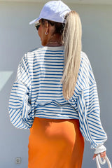 Blue Stripe Drop Shoulder Crew Neck Loose Sweatshirt Sweatshirts & Hoodies JT's Designer Fashion