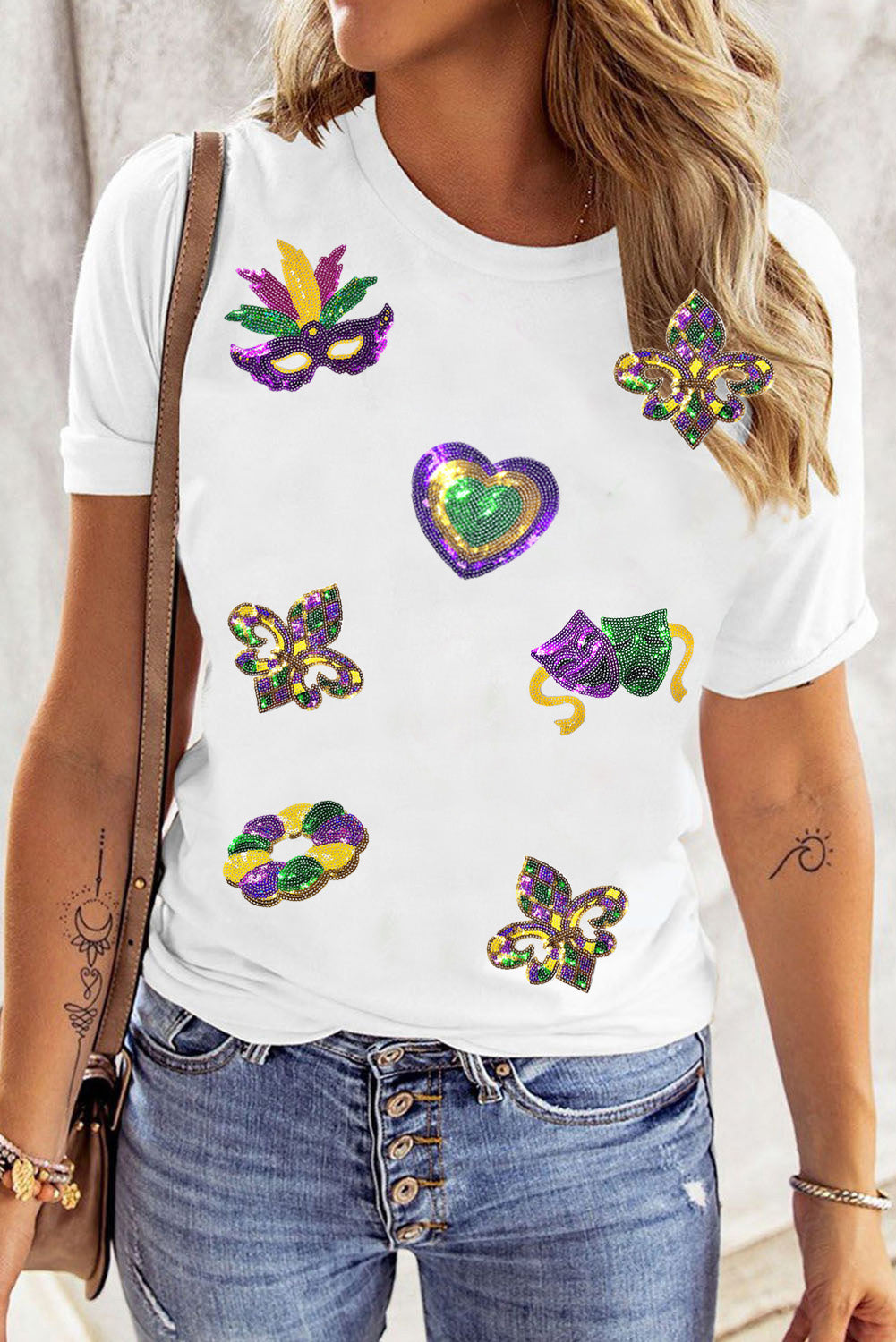 White Sequined Mardi Gras Symbolic Pattern Casual Tee Graphic Tees JT's Designer Fashion
