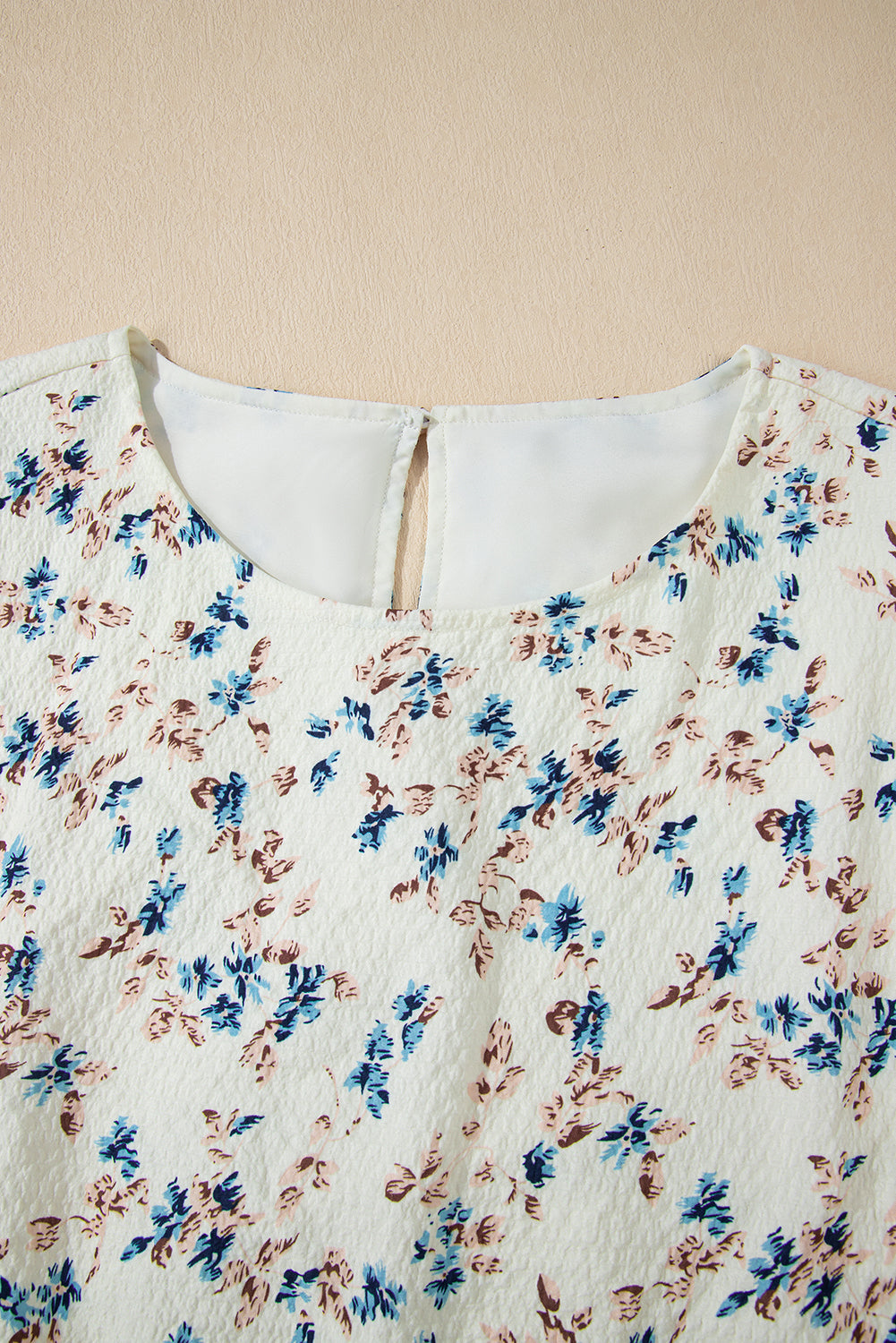 Beige Floral Puff Short Sleeve Empire Waist Mini Dress Floral Dresses JT's Designer Fashion