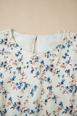 Beige Floral Puff Short Sleeve Empire Waist Mini Dress Floral Dresses JT's Designer Fashion