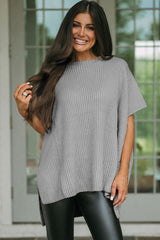 Gray Short Sleeve Side Slit Oversized Sweater Sweaters & Cardigans JT's Designer Fashion