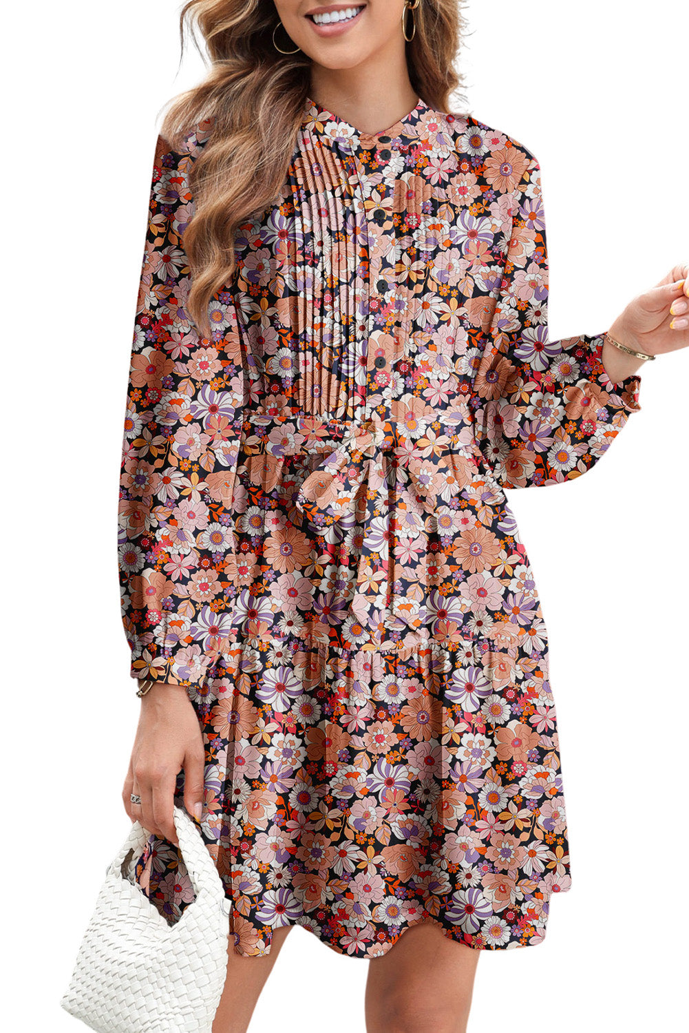Multicolour Floral Print Long Sleeve Pleated Detail Bleted Mini Dress Mini Dresses JT's Designer Fashion