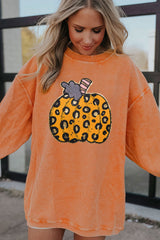Orange Halloween Leopard Pumpkin Patchwork Ribbed Sweatshirt Graphic Sweatshirts JT's Designer Fashion