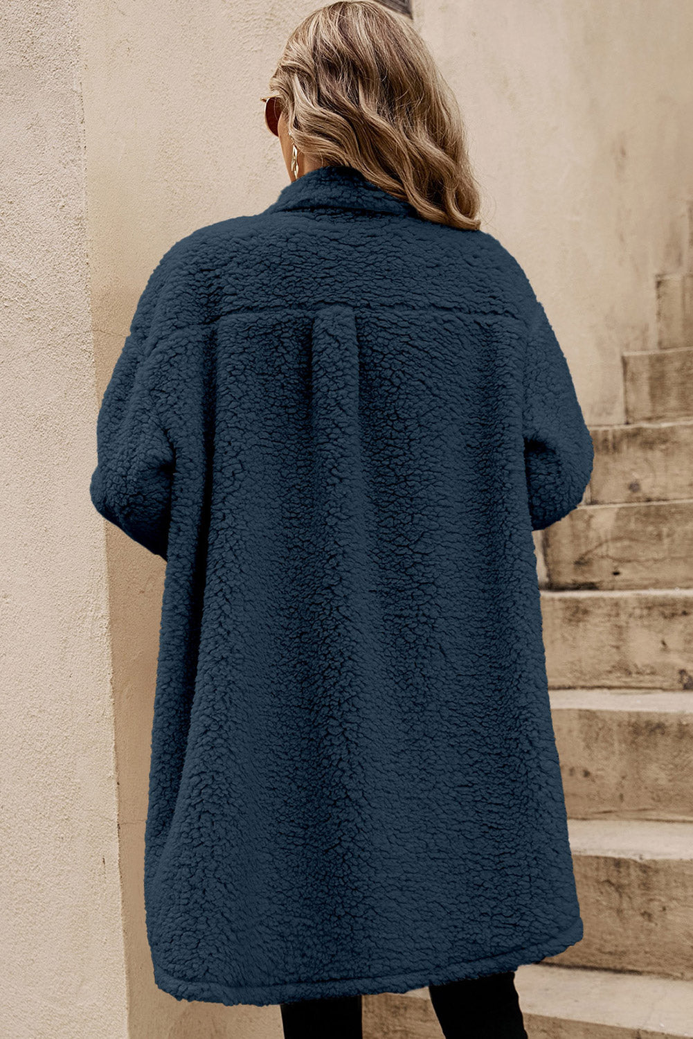 Blue Contrast Flap Pocket Single Breasted Teddy Coat Coats JT's Designer Fashion