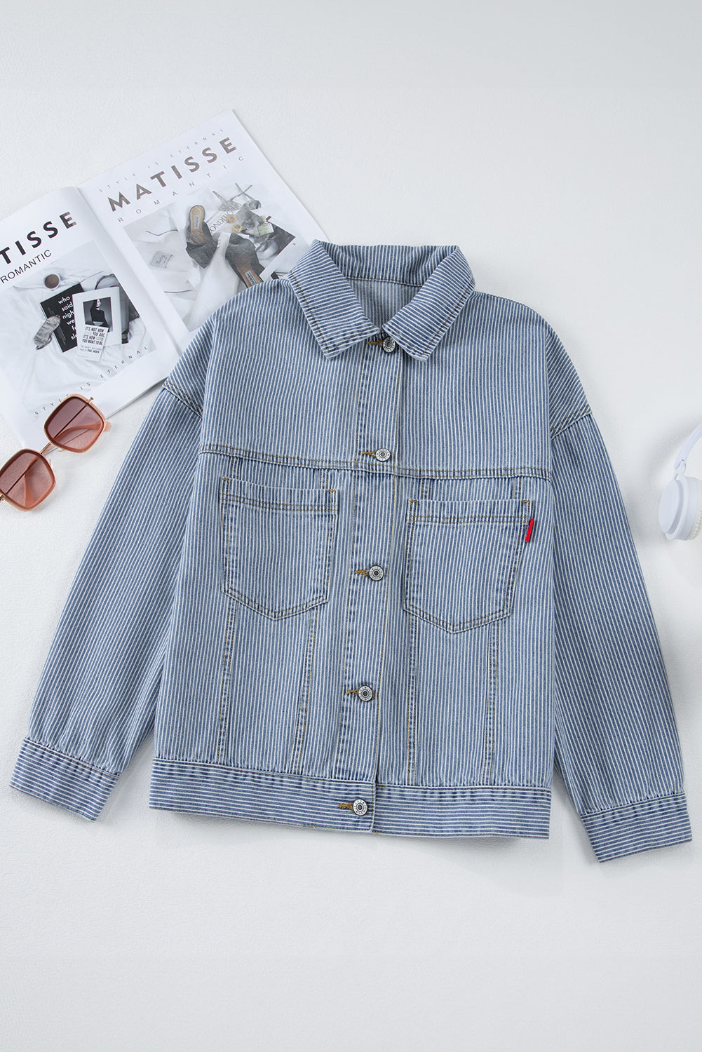 Sky Blue Stripe Washed Oversize Pocketed Denim Jacket Denim Jackets JT's Designer Fashion