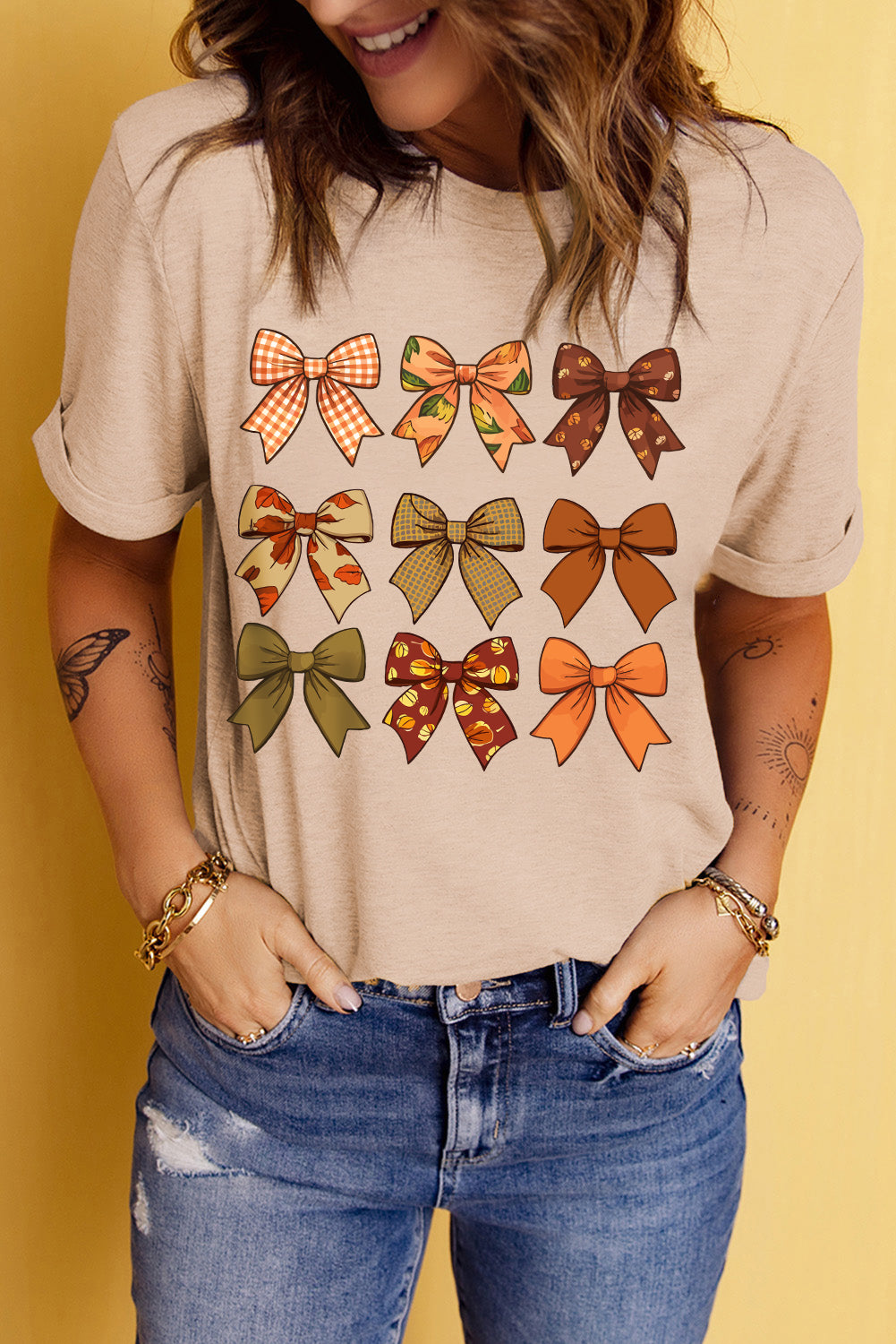 Khaki Halloween Fall Bowknot Graphic Short Sleeve Top Graphic Tees JT's Designer Fashion
