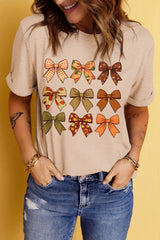Khaki Halloween Fall Bowknot Graphic Short Sleeve Top Graphic Tees JT's Designer Fashion