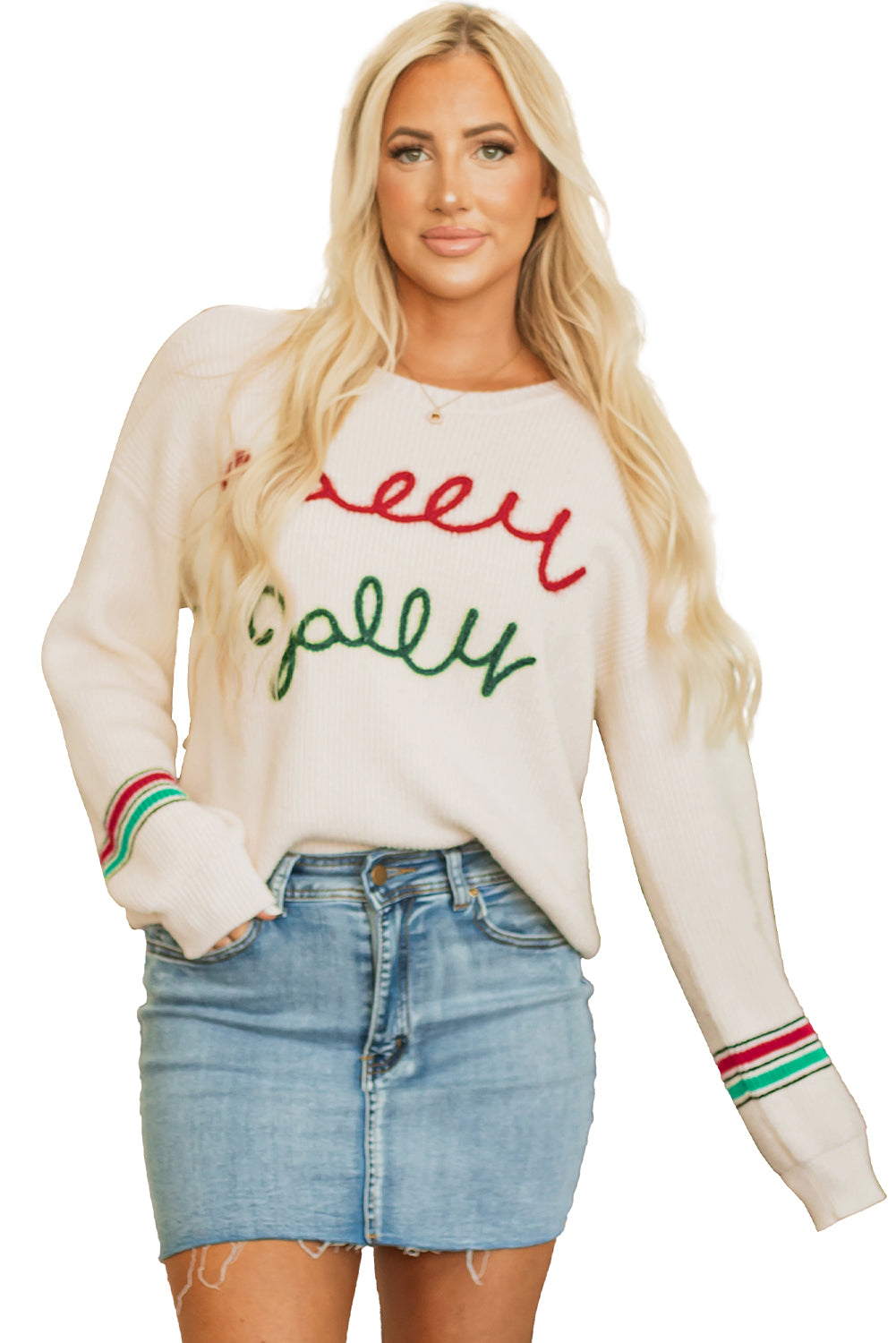 Beige Tinsel Holly Jolly Graphic Classic Sweater Sweaters JT's Designer Fashion