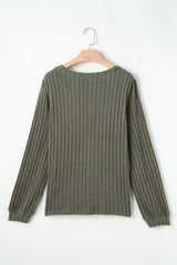 Moss Green Leopard Print Crochet Patchwork Rib Textured Knit Top Long Sleeve Tops JT's Designer Fashion