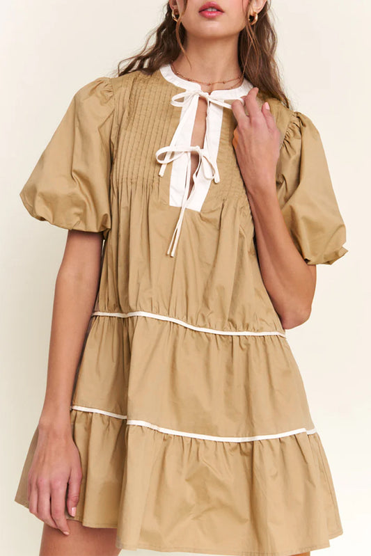 Pale Khaki Contrast Trim Pintuck Puff Sleeve Tied Neck Short Dress Mini Dresses JT's Designer Fashion