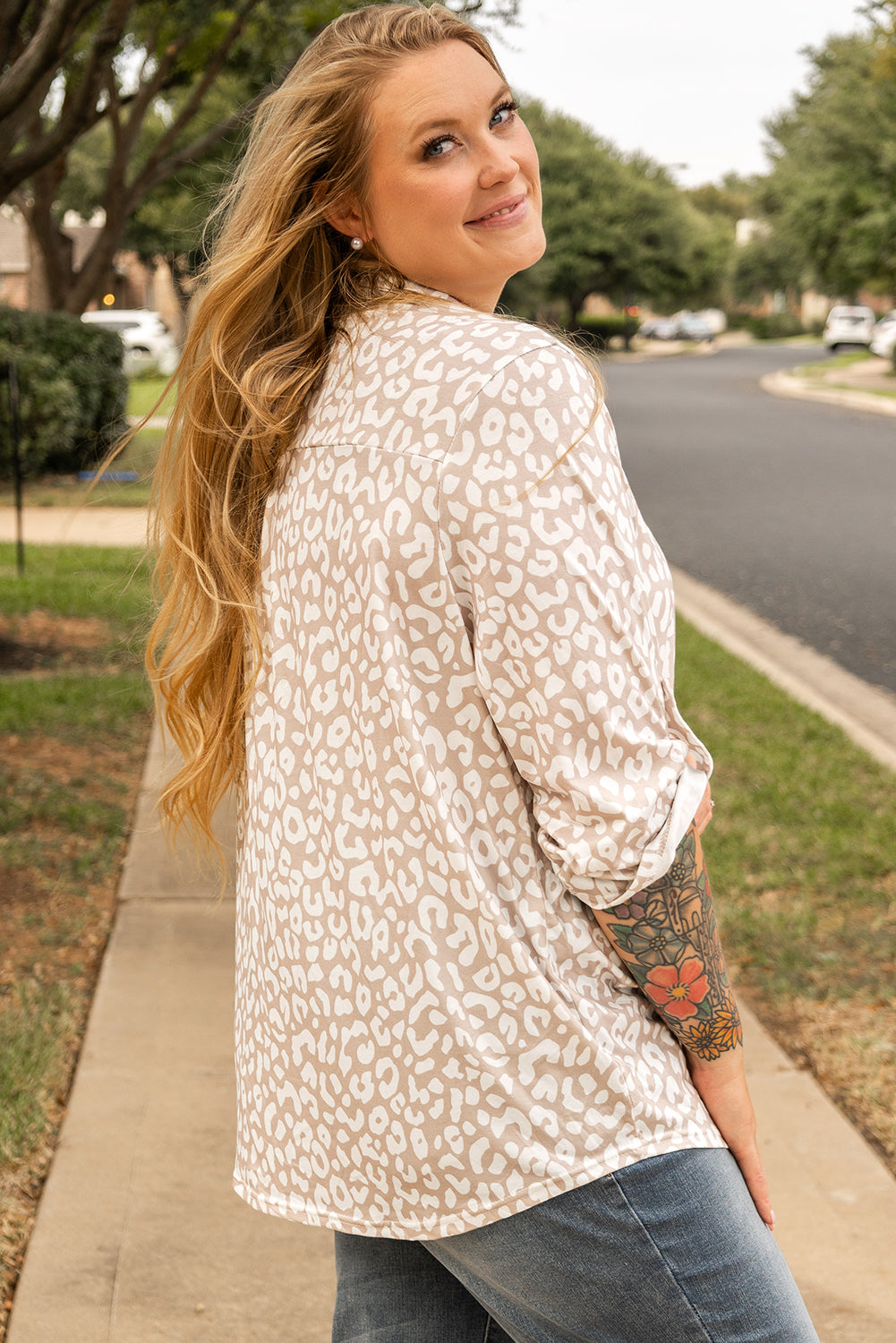Apricot Leopard Tab Sleeve V Neck Plus Size Top Plus Size Blouses & Shirts JT's Designer Fashion