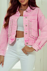 Pink Rivet Studded Pocketed Denim Jacket Denim Jackets JT's Designer Fashion