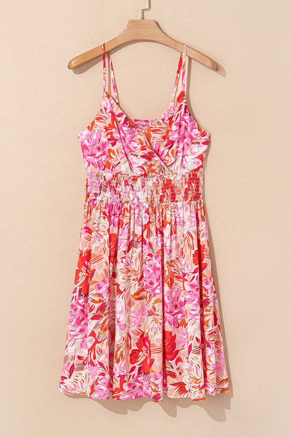 Red Floral Spaghetti Strap Surplice Neck Shirred Waist Mini Dress Floral Dresses JT's Designer Fashion