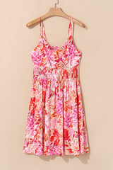 Red Floral Spaghetti Strap Surplice Neck Shirred Waist Mini Dress Floral Dresses JT's Designer Fashion