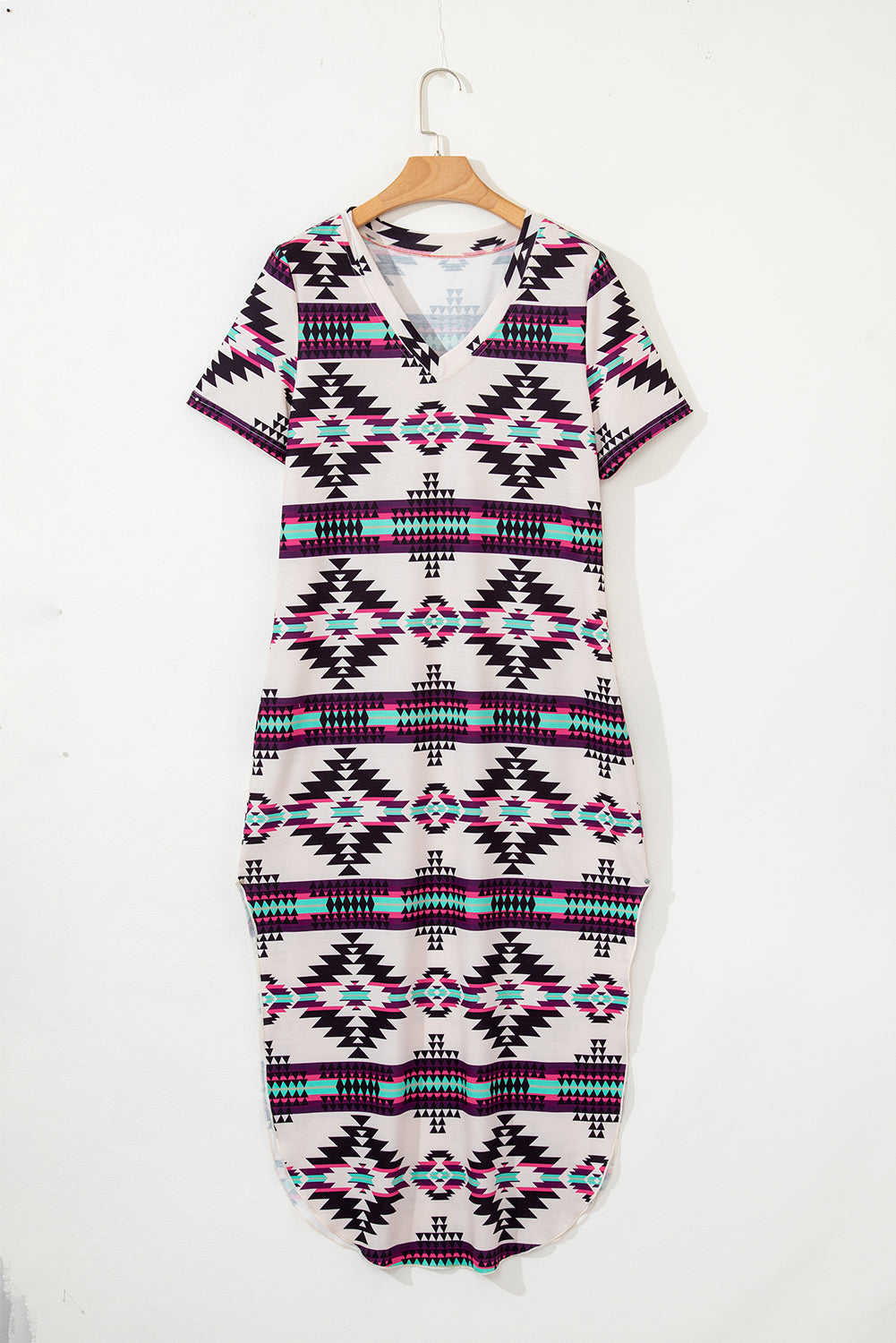 Beige Western Aztec Printed Long T-shirt Dress T Shirt Dresses JT's Designer Fashion