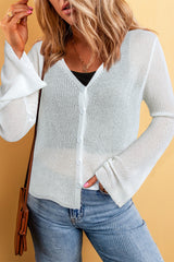 White Lightweight V Neck Button Front Bell Sleeve Cardigan Sweater Cardigans JT's Designer Fashion