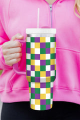 Tillandsia Purple Checkered Print Handle Large Vacuum Cup 40OZ Tumblers JT's Designer Fashion