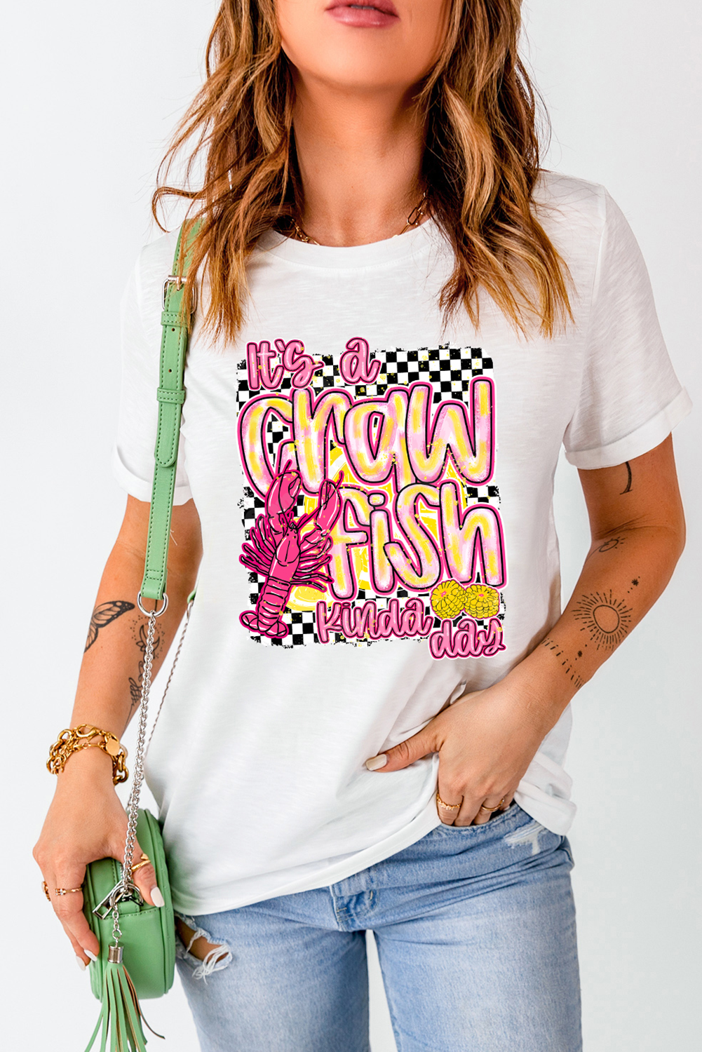 White Crawfish Checkered Pattern Graphic Tee Graphic Tees JT's Designer Fashion