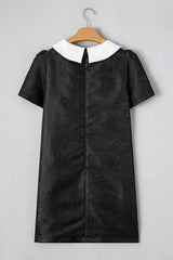 Black Floral Embossed Puff Sleeve Colorblock Bow Collared Mini Dress Mini Dresses JT's Designer Fashion