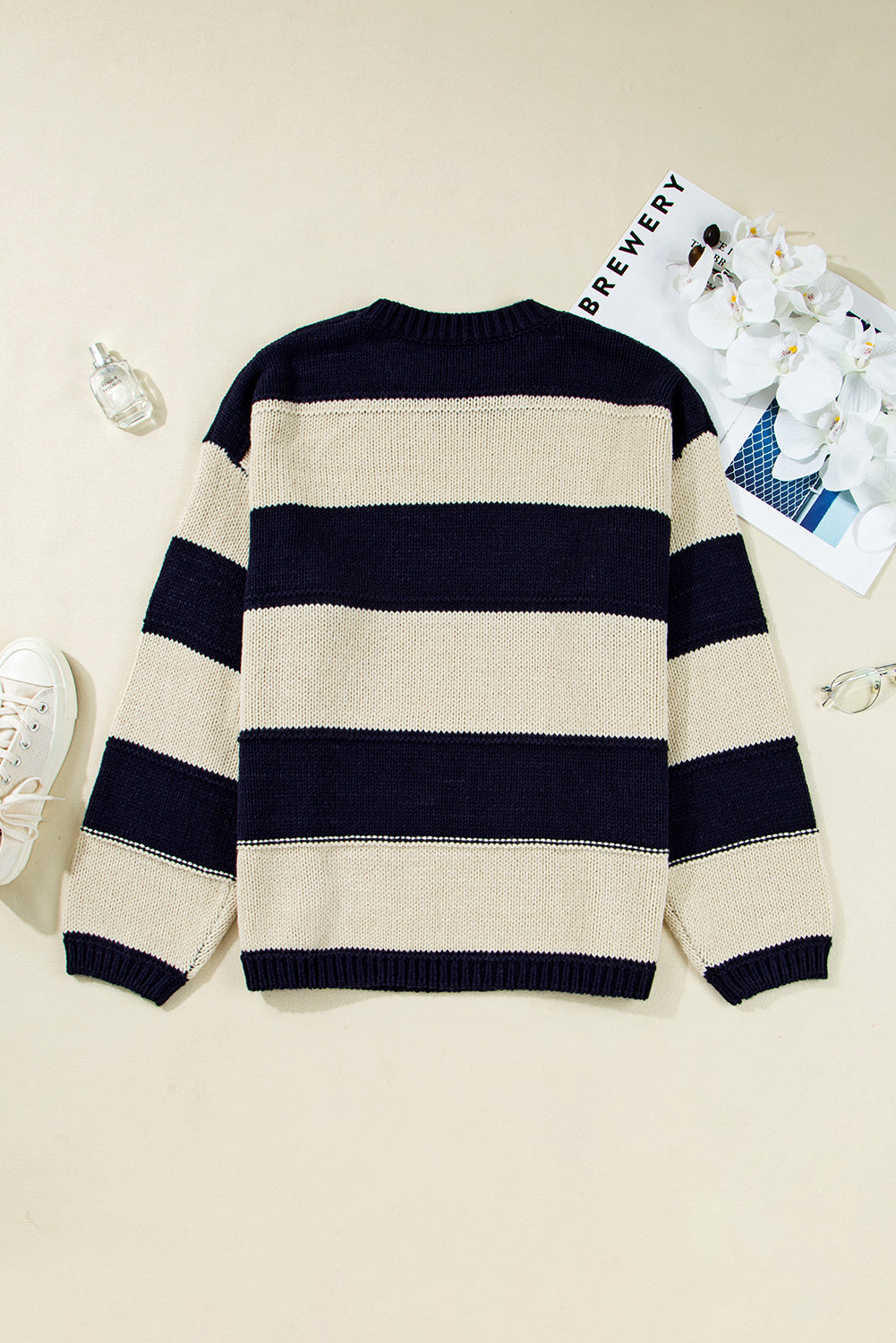 Blue Stripe Color Block PLus Size Drop Shoulder Sweater Plus Size Sweaters & Cardigans JT's Designer Fashion