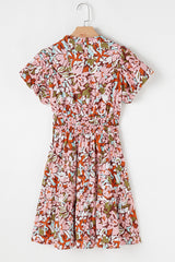 Pink Floral Print Puff Sleeve Shirred High Waist Mini Dress Floral Dresses JT's Designer Fashion