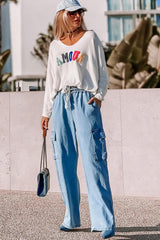 Sky Blue Drawstring High Waist Cargo Pocket Wide Leg Jeans Jeans JT's Designer Fashion