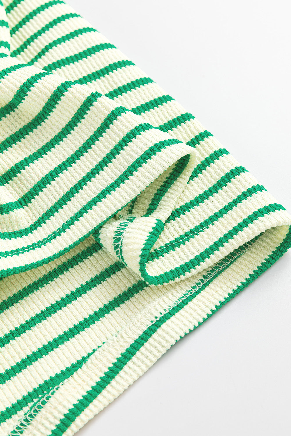 Green Stripe Textured Short Sleeve Collared Buttoned Waist Tie Romper Jumpsuits & Rompers JT's Designer Fashion