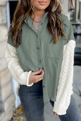 Green Cable Knit Sleeve Raw Hem Shacket Green 100%Cotton Jackets JT's Designer Fashion