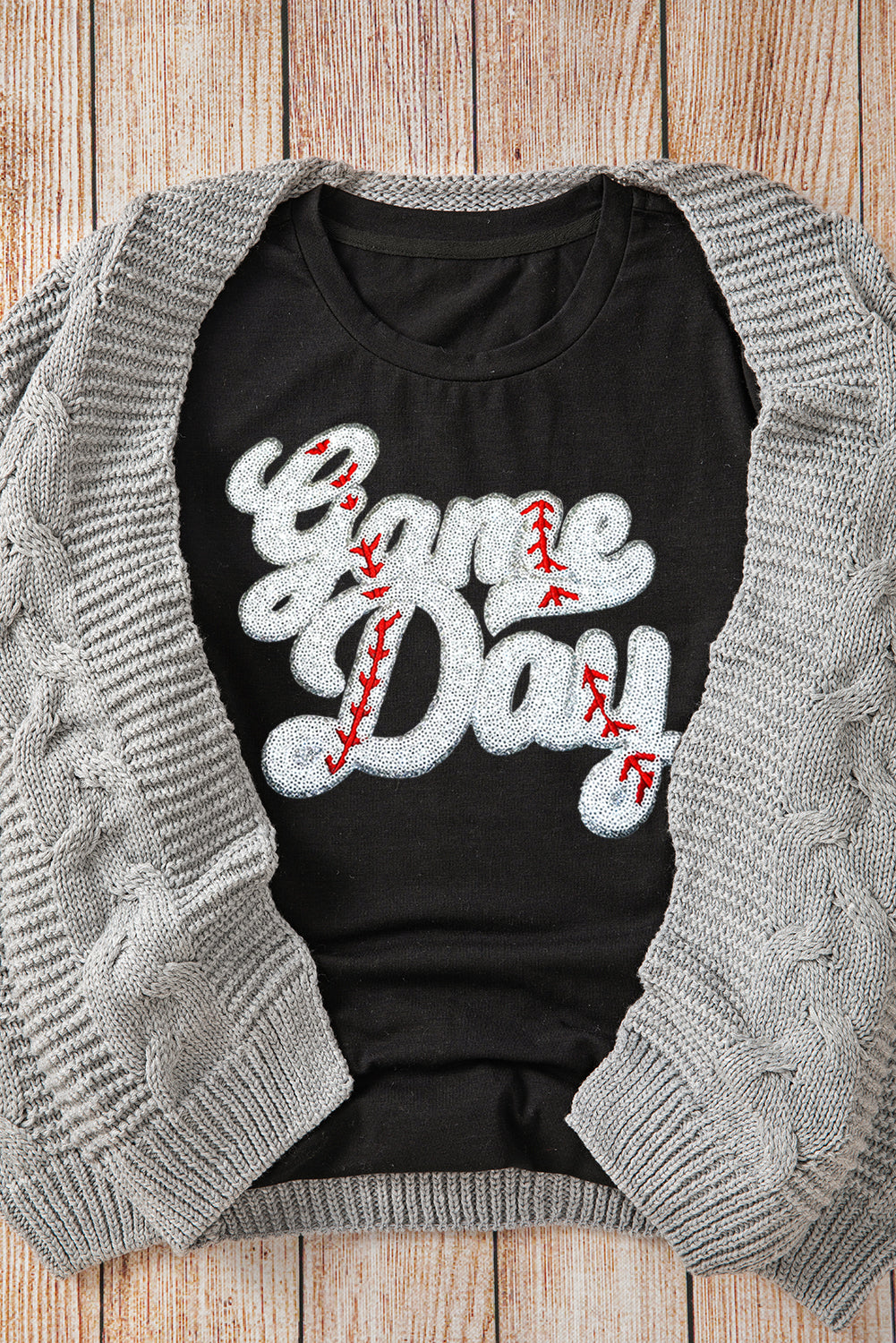 Black Sequin Game Day Graphic Crew Neck Tee Graphic Tees JT's Designer Fashion