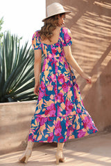 Dark Blue Square Neck Bubble Sleeve Ruffled Floral Dress Floral Dresses JT's Designer Fashion