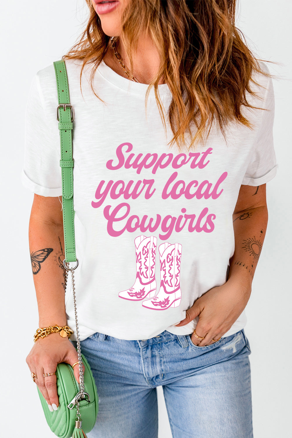 White Support Your Local Cowgirls Boots Print Crewneck Tee Graphic Tees JT's Designer Fashion